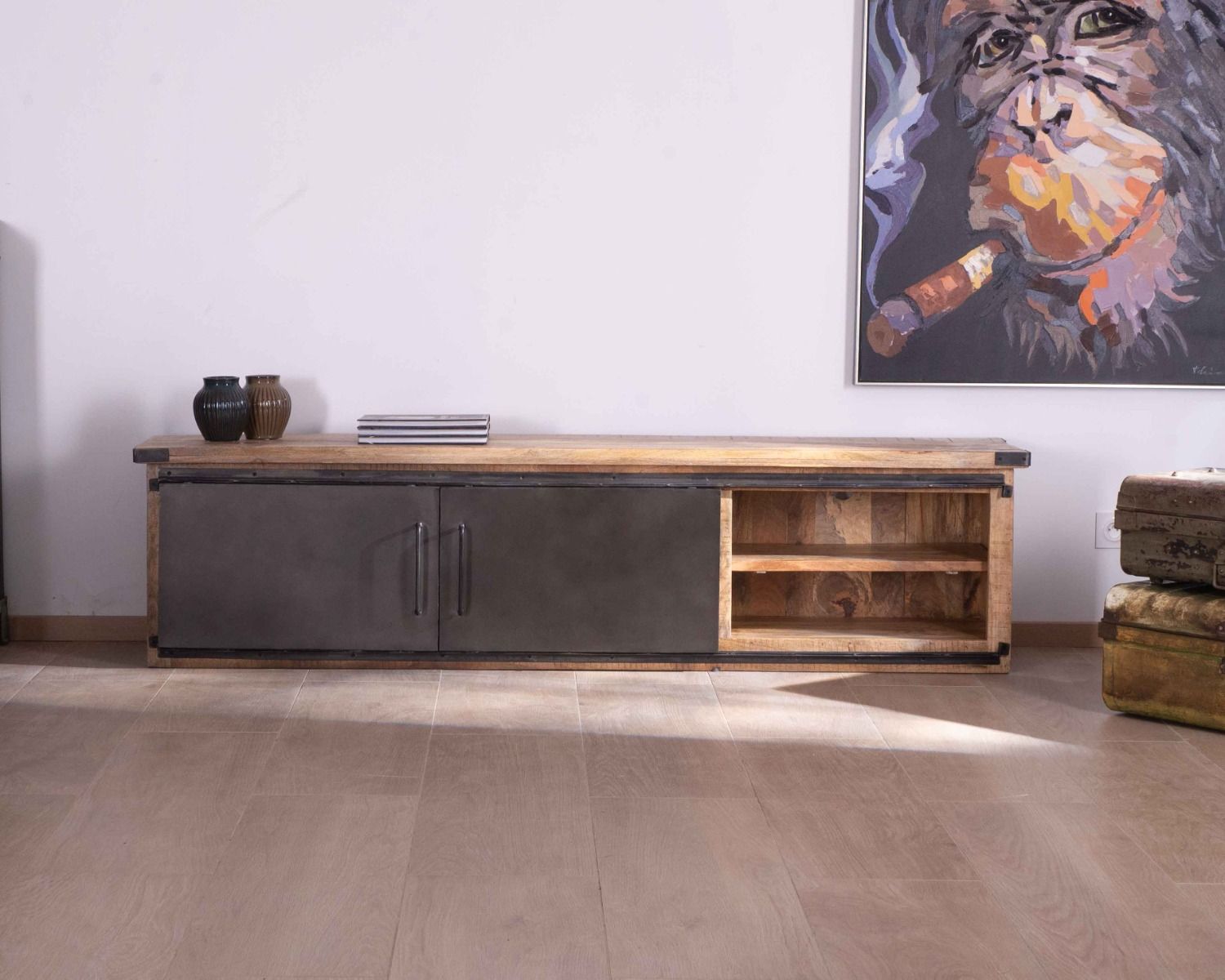 Mueble de televisión grande «Caractère», 200 cm, 2 puertas y 2 cajones de metal y madera