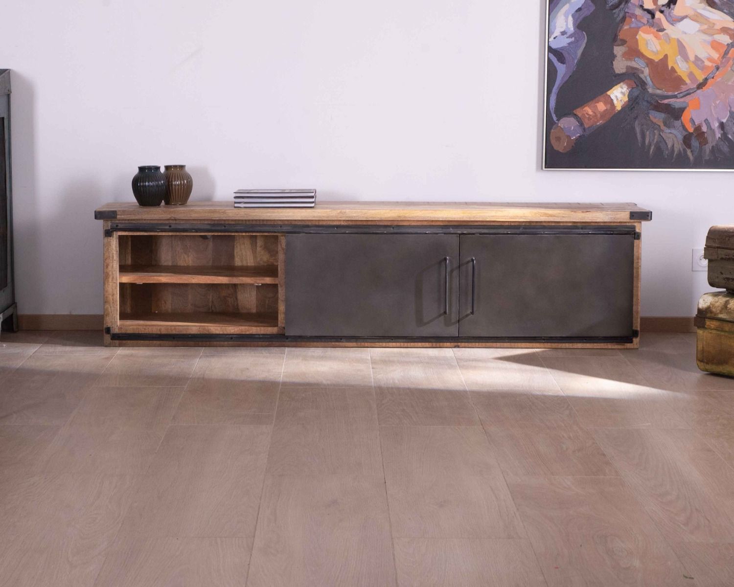 Mueble de televisión grande «Caractère», 200 cm, 2 puertas y 2 cajones de metal y madera