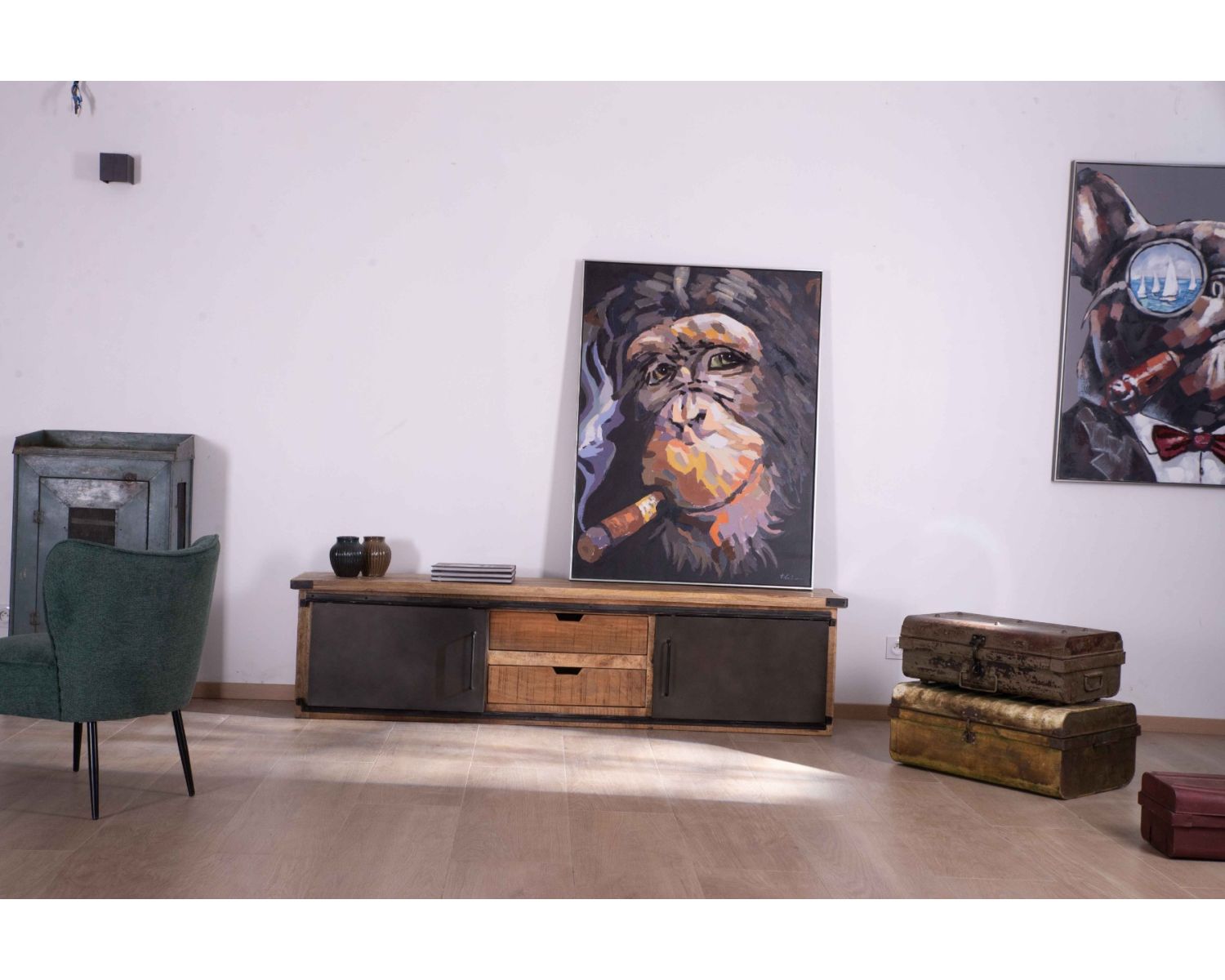 Mueble de televisión grande «Caractère», 200 cm, 2 puertas y 2 cajones de metal y madera