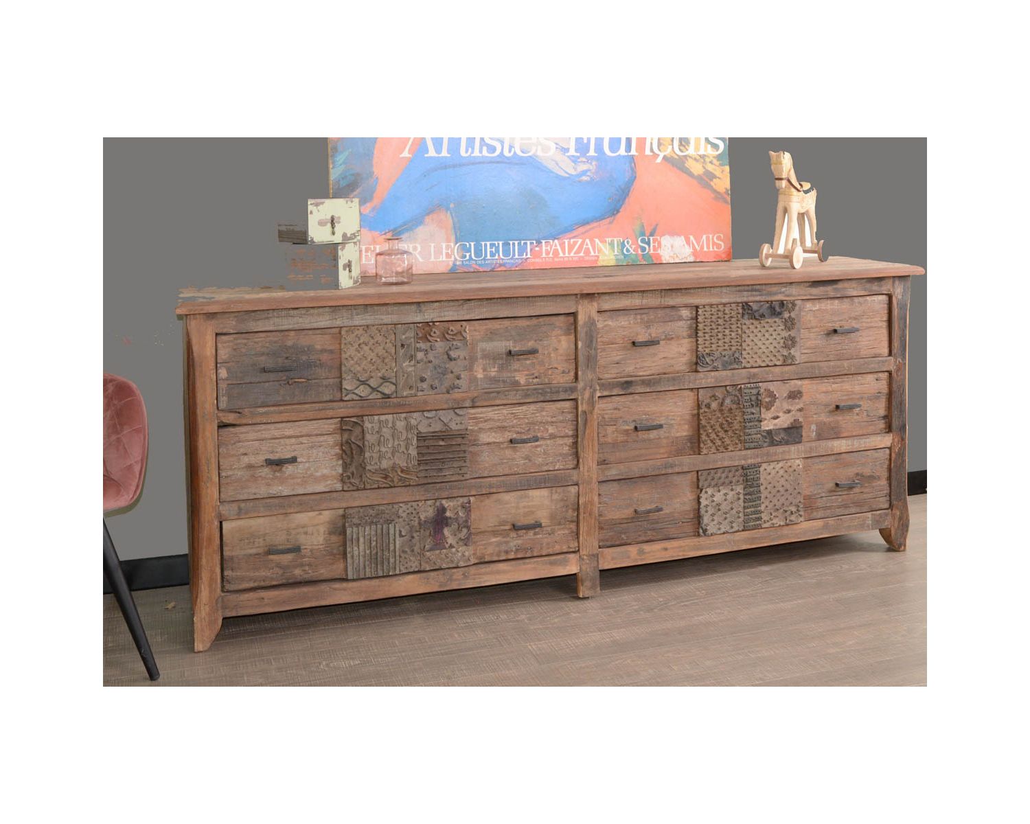 Cómoda baja de estilo boticario de 195 cm «nepalí», de madera reciclada, con 6 cajones