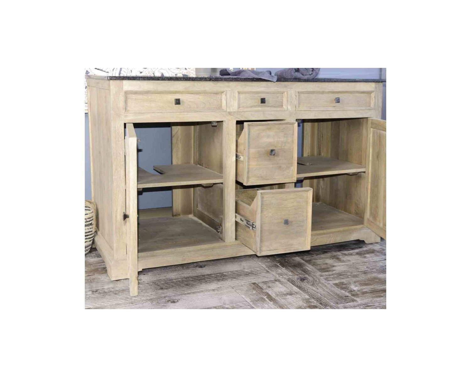Mueble de baño con dos lavabos, de madera de mango y cuarzo blanco «Elégance»