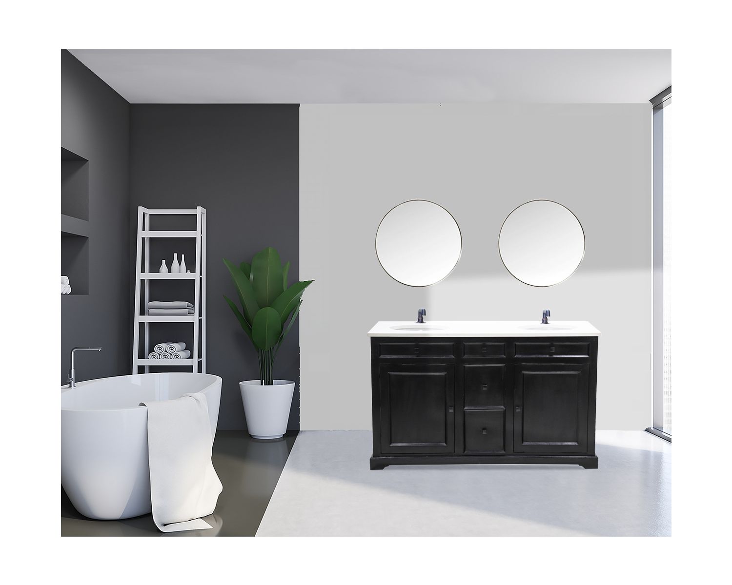 Mueble de baño negro con encimera de cuarzo blanco «Elégance»