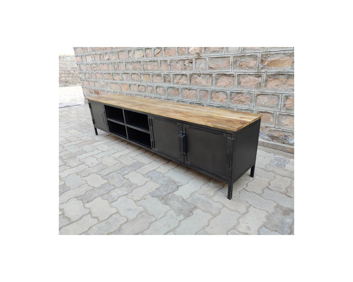 Mueble para la tele negro de metal y madera «Dowtoun», estilo taller, 220 cm