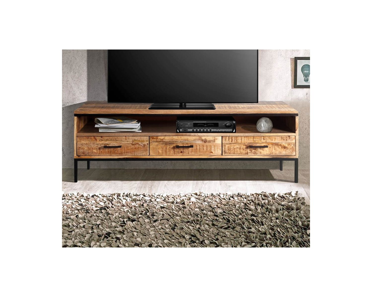 Mueble para la tele de estilo minimalista, en madera maciza de mango y metal «Mango» 