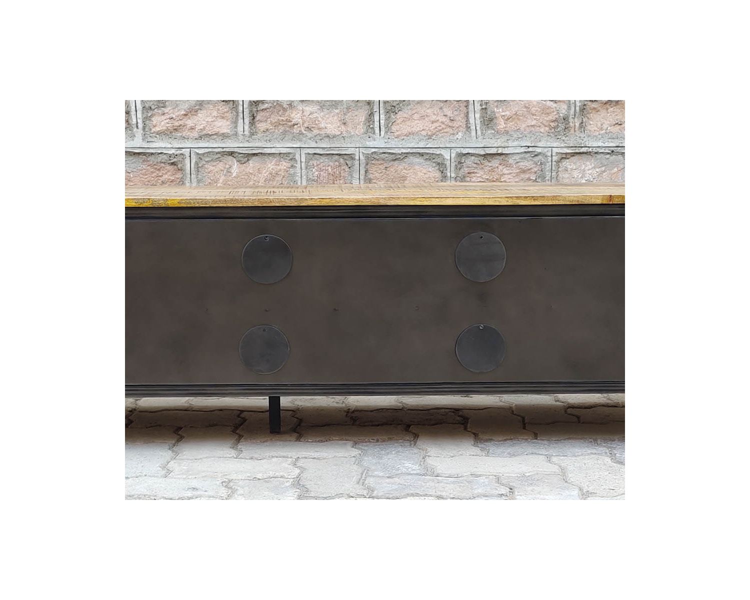 Mueble para la tele negro de metal y madera «Dowtoun», estilo taller, 220 cm