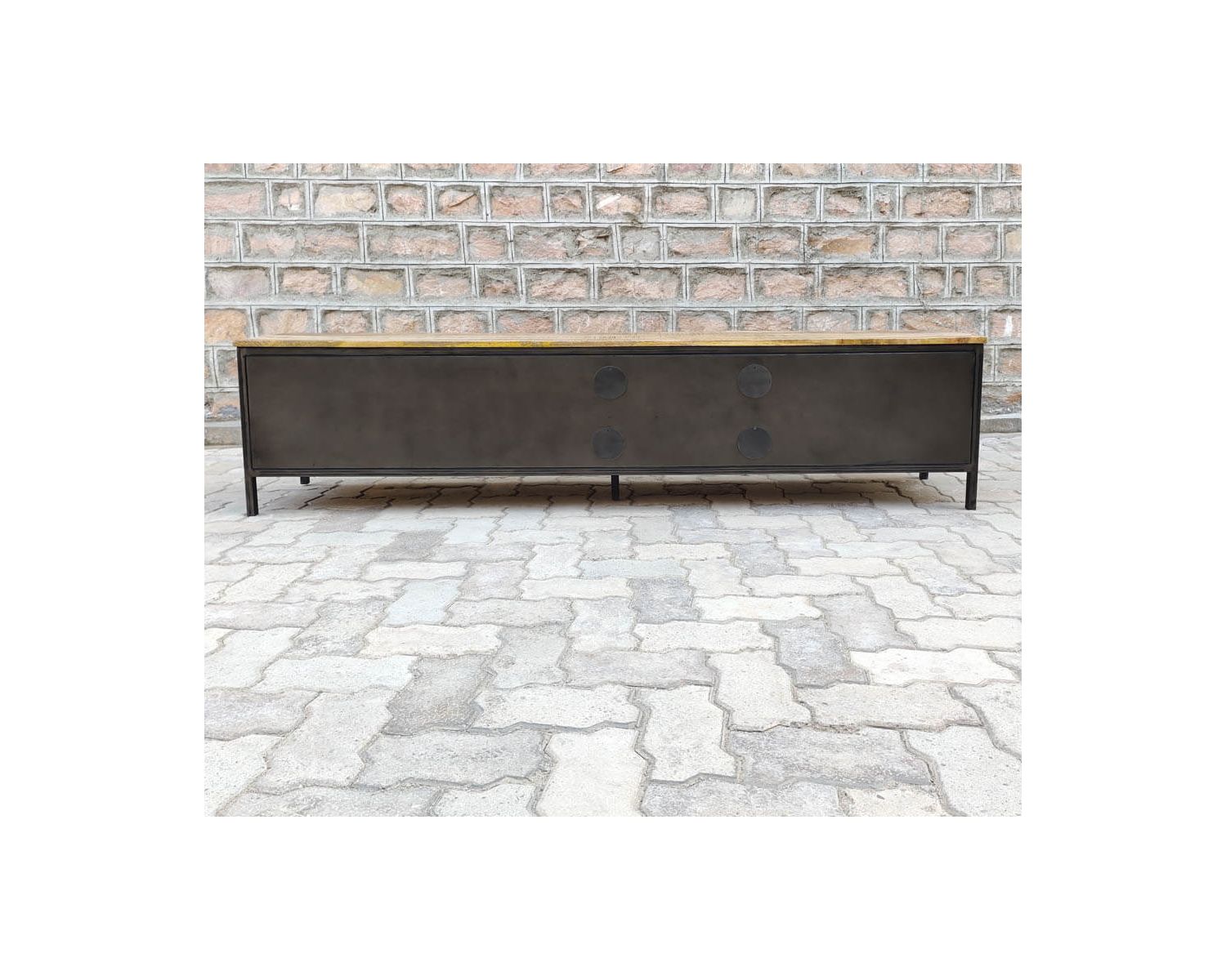 Mueble para la tele negro de metal y madera «Dowtoun», estilo taller, 220 cm