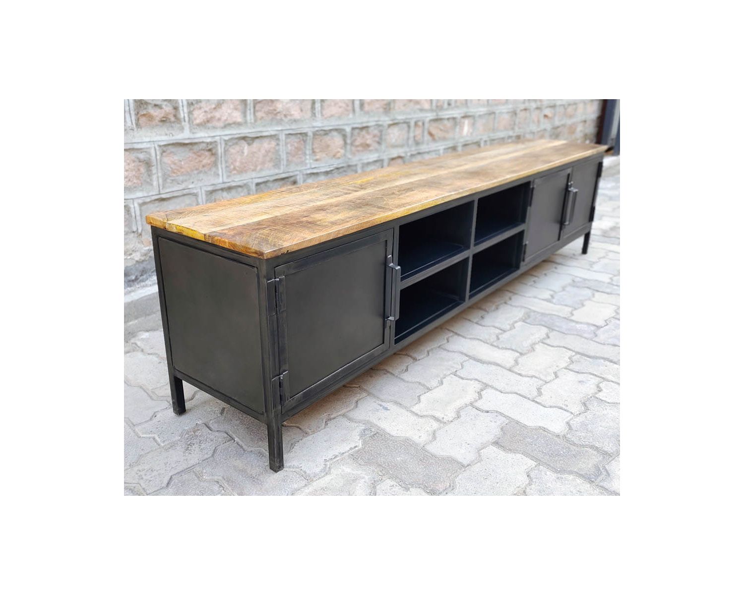 Mueble para la tele negro de metal y madera «Dowtoun», estilo taller, 220 cm