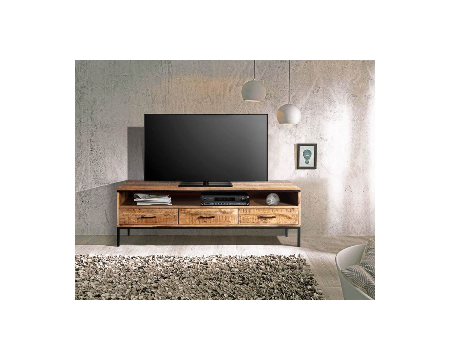 Mueble para la tele de estilo minimalista, en madera maciza de mango y metal «Mango» 