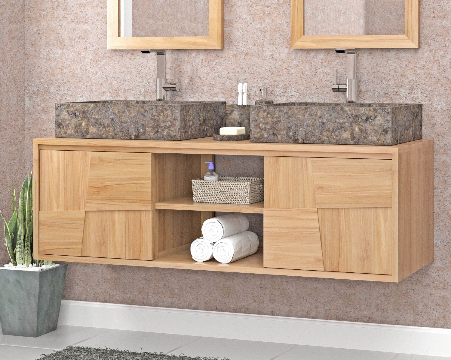 Mueble bajo lavabo suspendido de teca con puertas correderas de 140 cm «Tao»