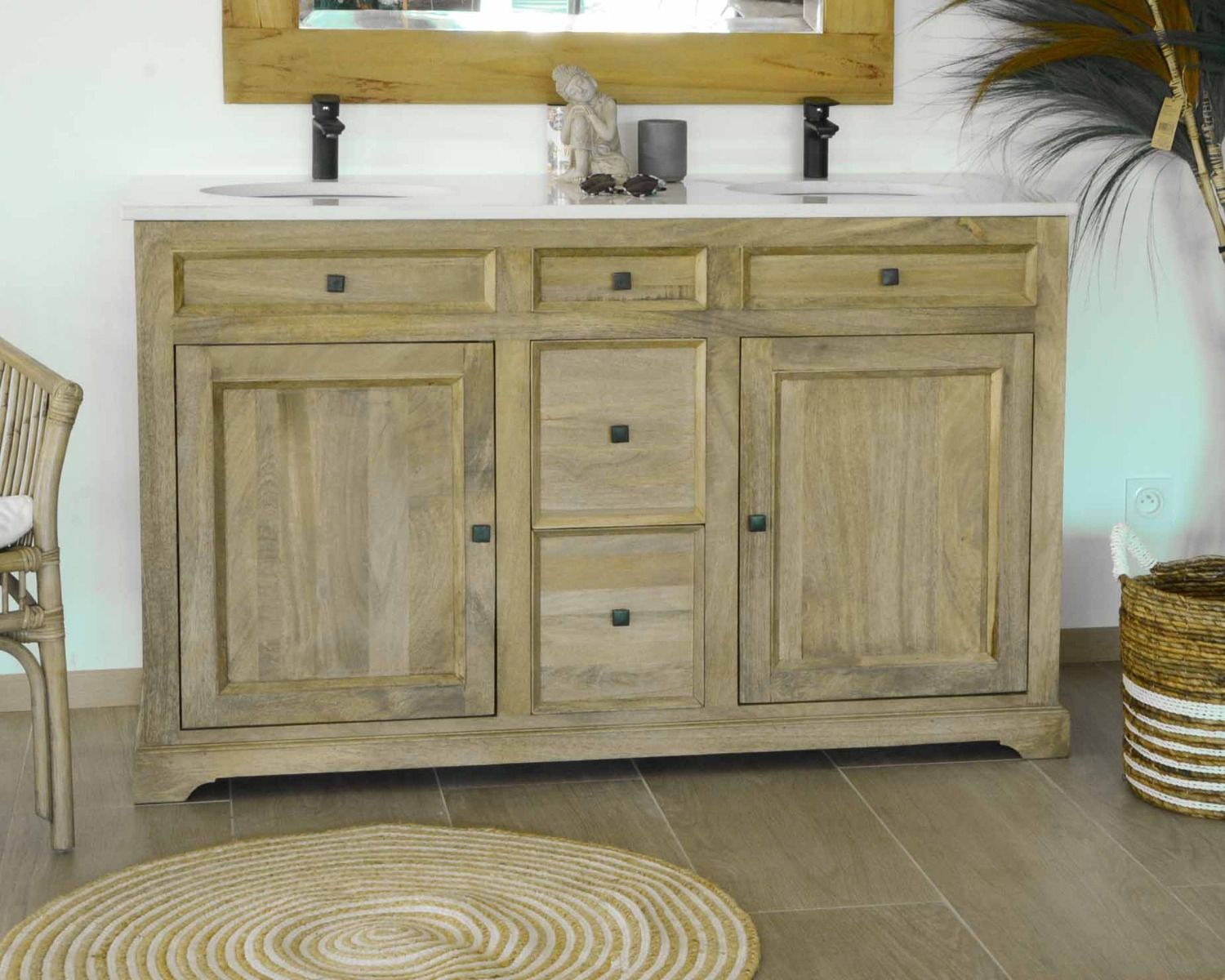 Mueble de baño con dos lavabos, de madera de mango y cuarzo blanco «Elégance»