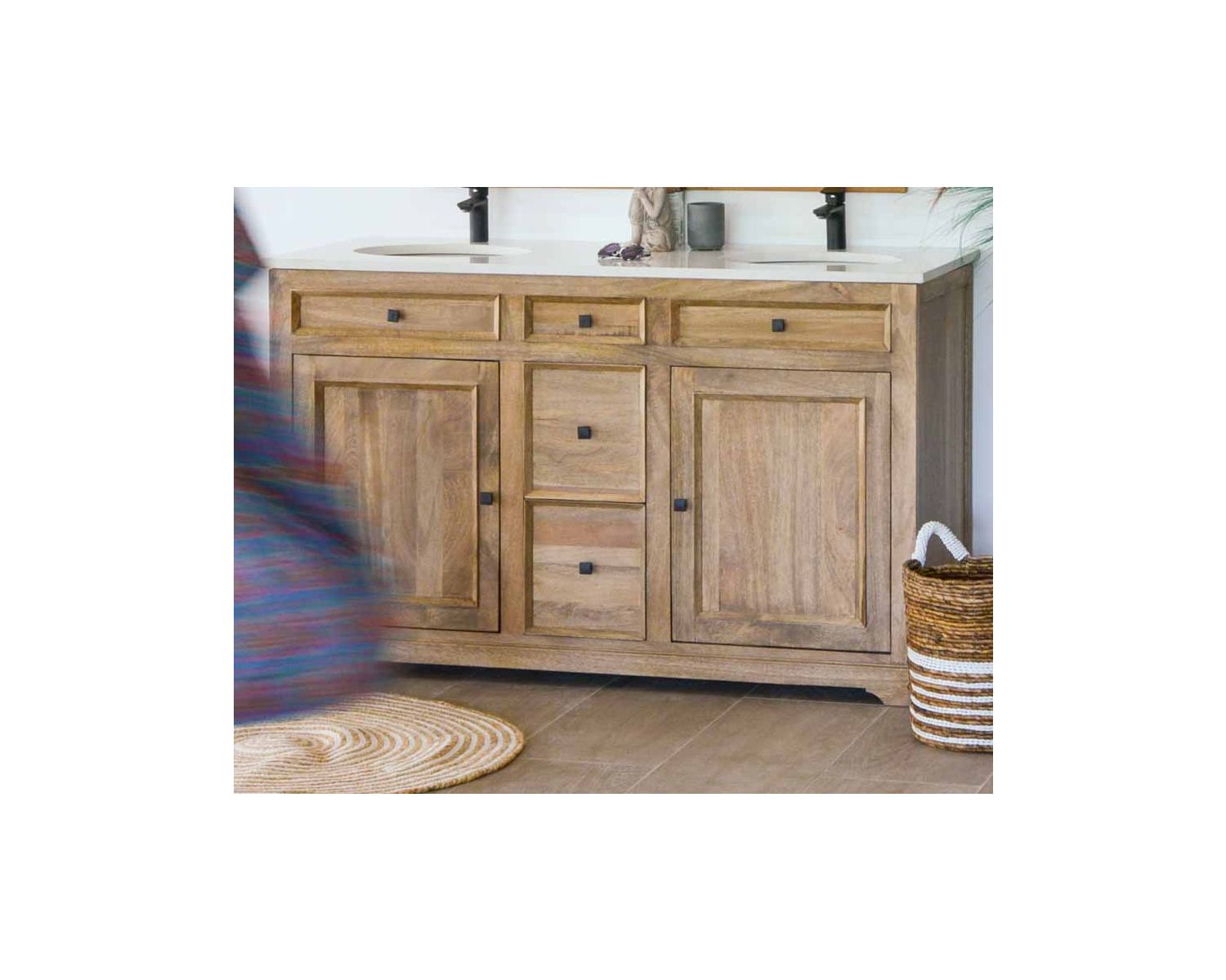 Mueble de baño con dos lavabos, de madera de mango y cuarzo blanco «Elégance»