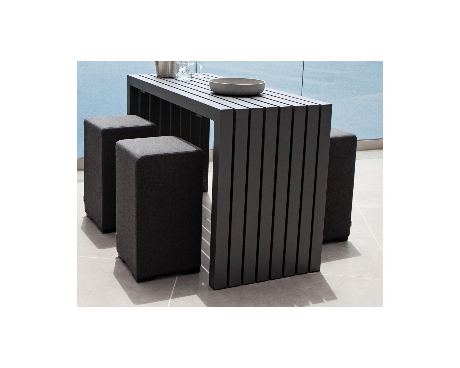 Mesa de bar y 6 taburetes de exterior con tapizado de tela Sunbrella «Java Island»