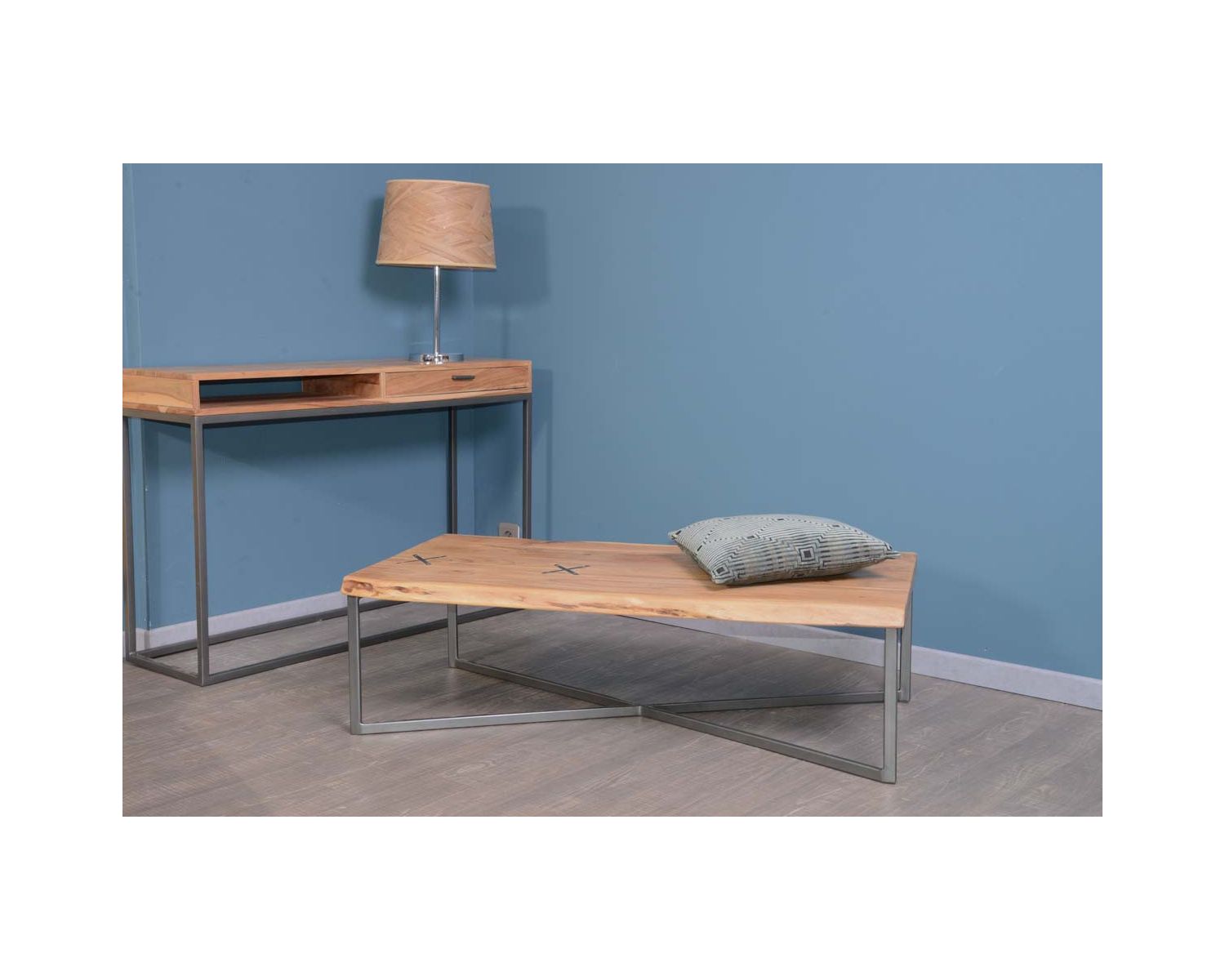 Mesa de centro rectangular con base de metal y madera, 117 cm, «Zen»