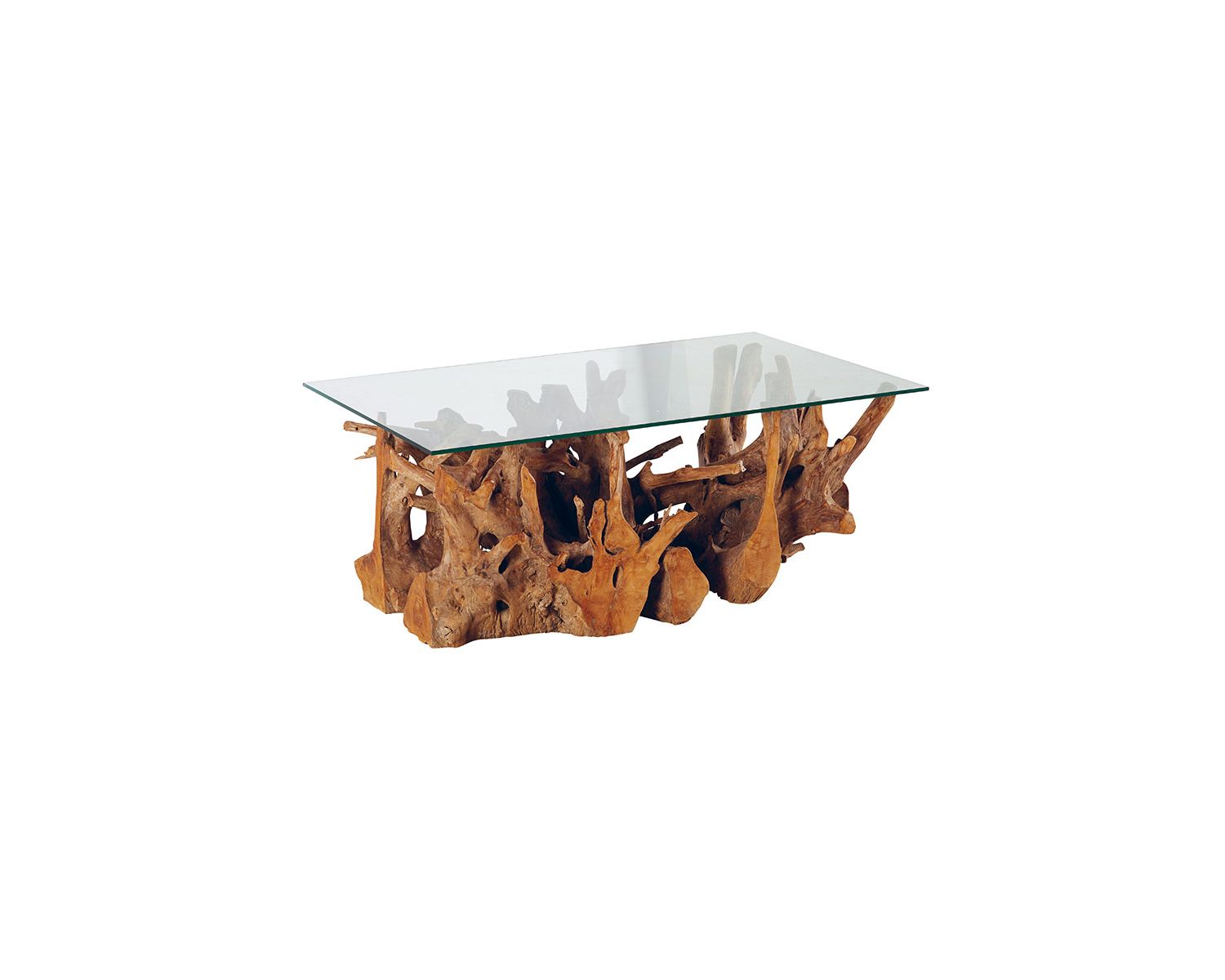 Mesa de salón rectangular de teca con base de raíz y tablero de cristal «Roots»