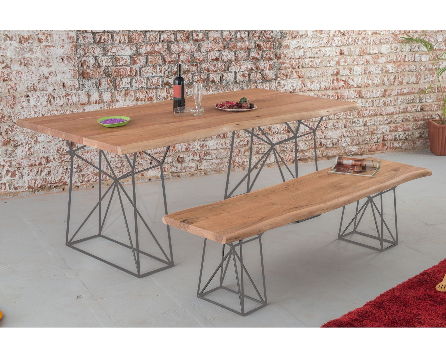 Banco de madera maciza con patas de metal gris «Zen»