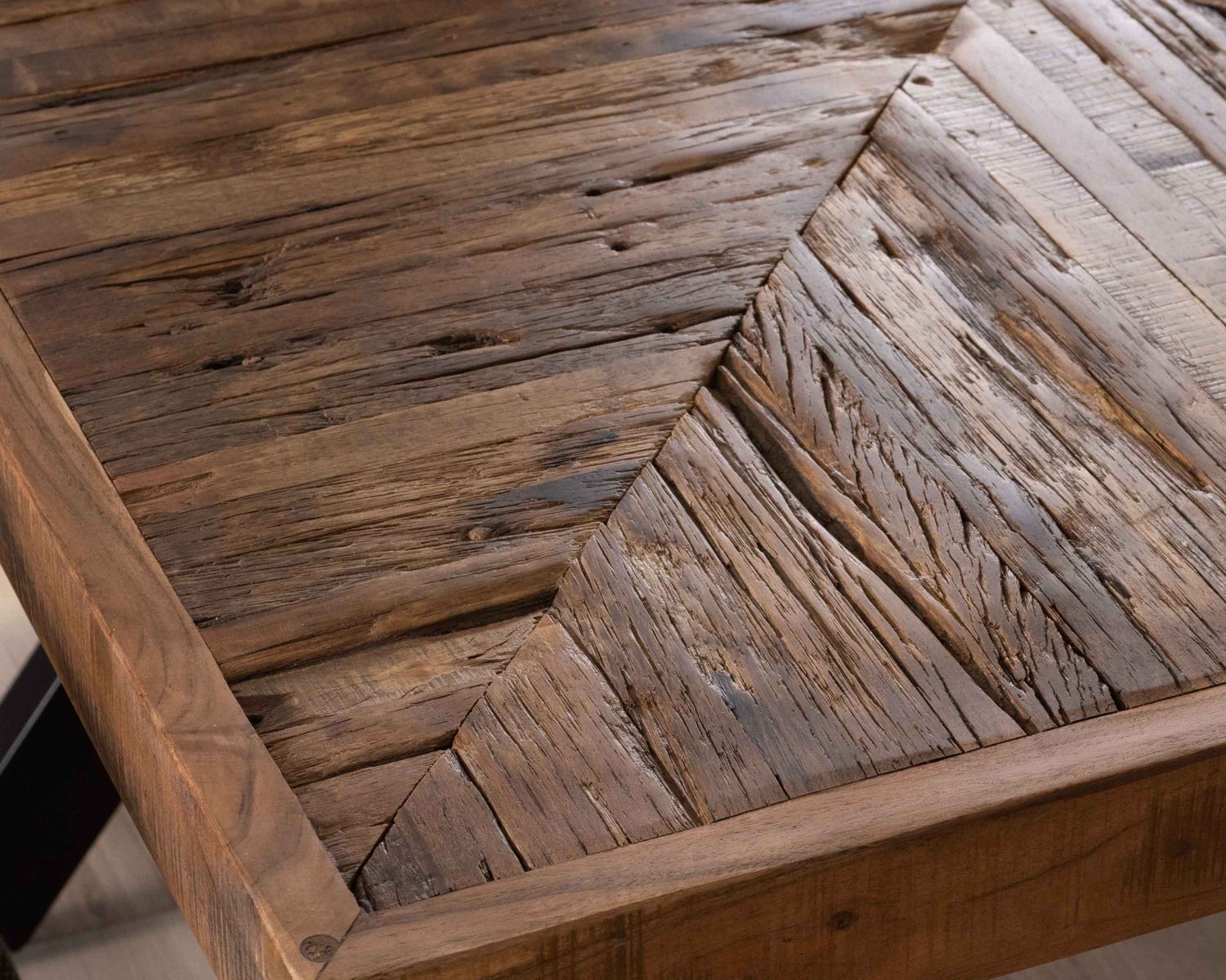 Mesa de comedor cuadrada de 140 cm de acacia, con acabado en espiga y patas cruzadas de metal negro «Géonidum»