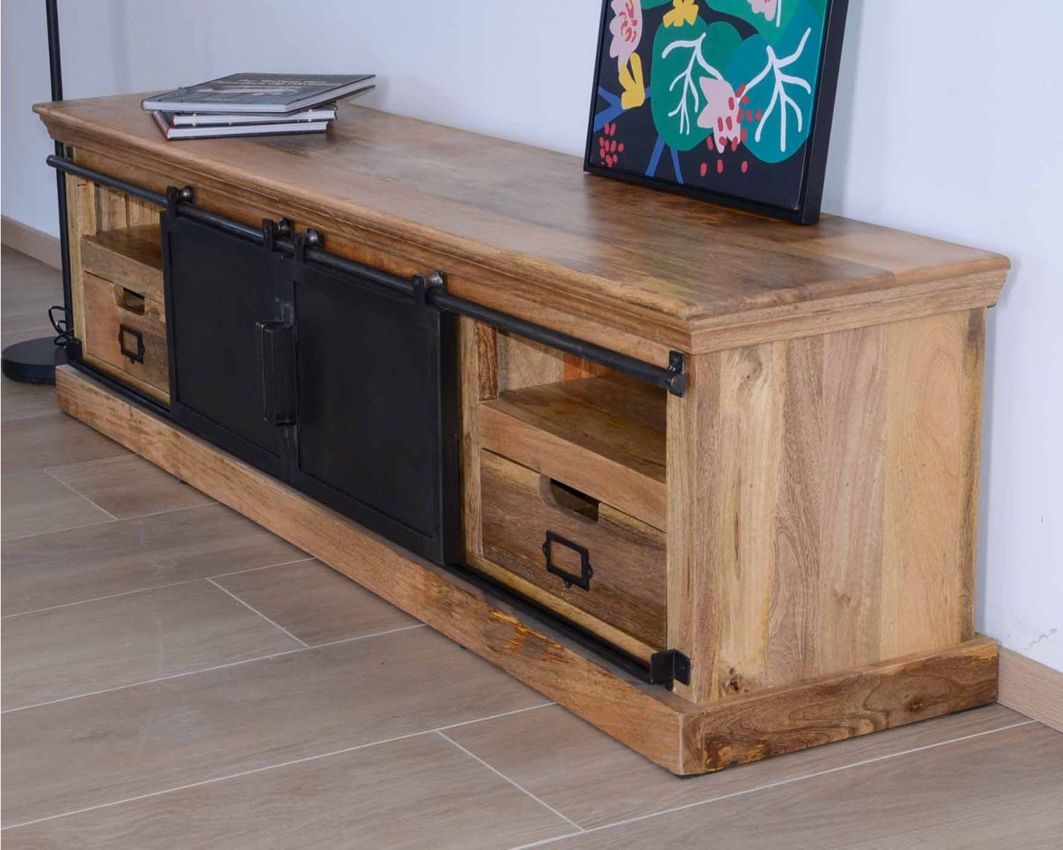 Mueble bajo para televisión de 180 cm, de madera maciza natural y metal gris «Haden»