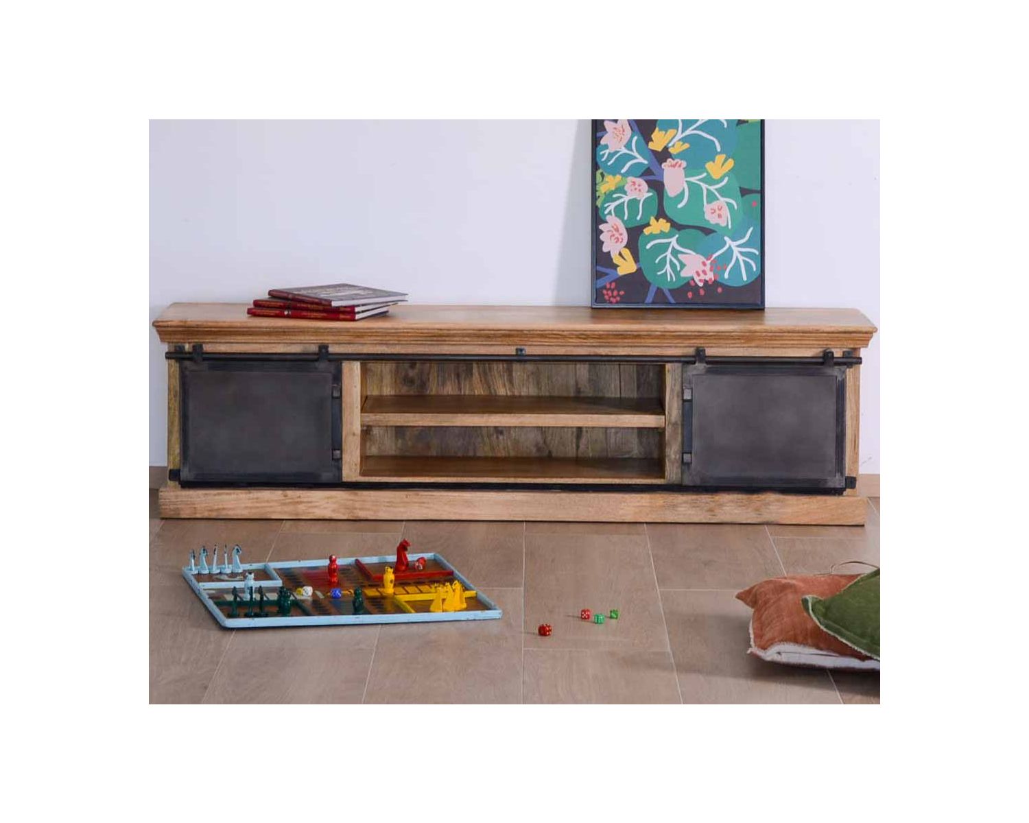 Mueble bajo para televisión de 180 cm, de madera maciza natural y metal gris «Haden»