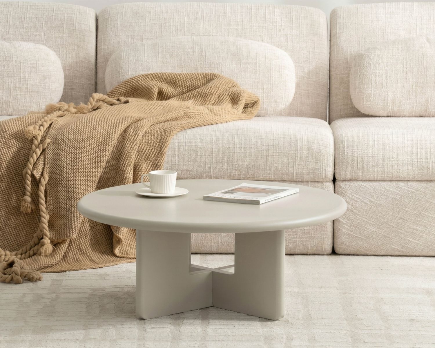 Mesa de centro redonda de 80 cm, color beige, modelo «Nalya», con base escultural