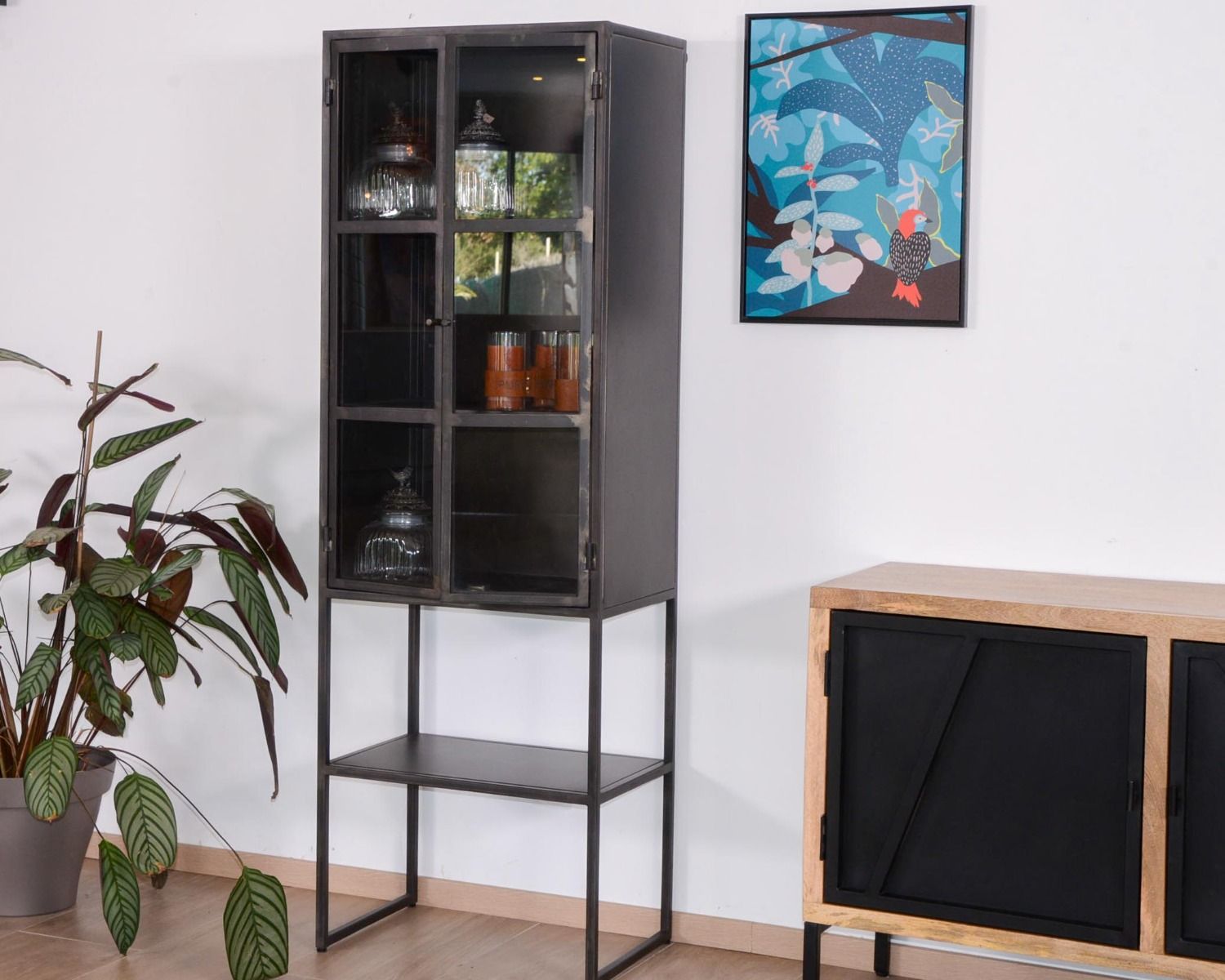 Vitrina estilo «Factory» de dos puertas, de metal negro y cristal «Black Cook»
