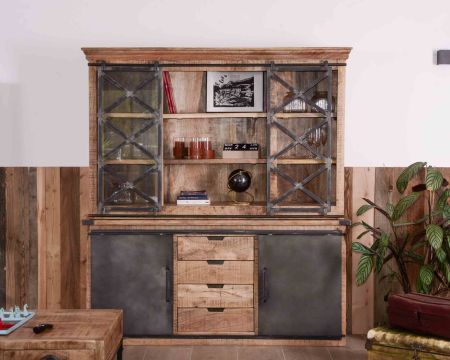 Gran aparador de metal, cristal y madera «Caractère» de 180 cm