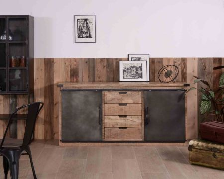 Aparador industrial con puertas correderas y cajones de madera, 180 cm, «Caractère»