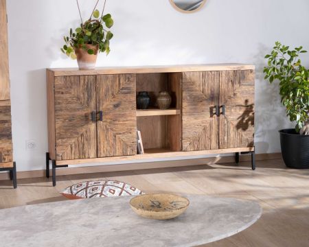 Aparador bajo grande de acacia maciza de 175 cm, estilo étnico «Géonidum»