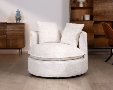 Sillón redondo giratorio de 360° «CosyPop» en tejido de rizo blanco jaspeado