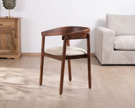 Silla de comedor de estilo retro «Polo», de madera de mango y con asiento de tela blanca