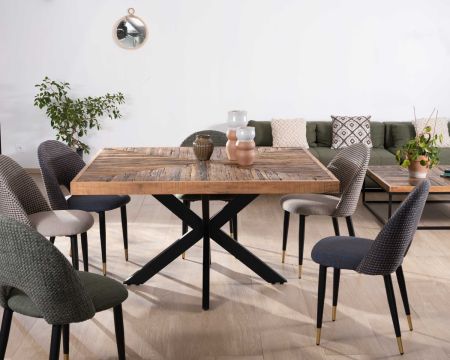 Mesa de comedor cuadrada de 140 cm de acacia, con acabado en espiga y patas cruzadas de metal negro «Géonidum»