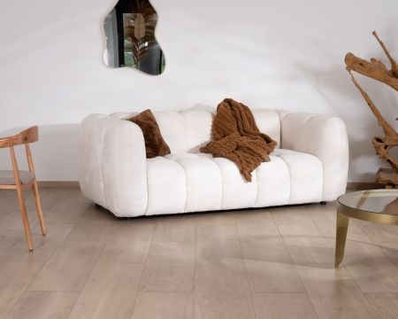 Sofá acogedor de 3 plazas en tejido bouclé blanco con pespuntes «Milow»