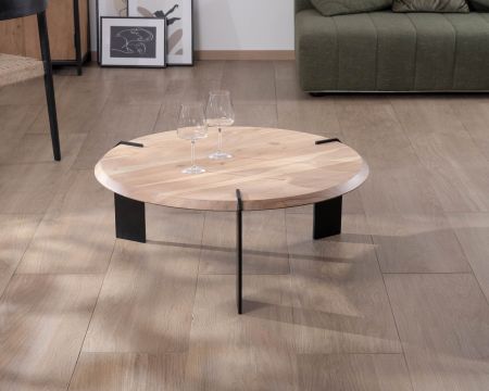 Mesa de centro redonda de diseño, de madera de acacia y con tres patas de metal negro «Shelley»