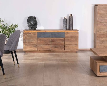 Aparador contemporáneo de 175 cm de acacia con tira de LED y cajones chapados en piedra «Paguera»