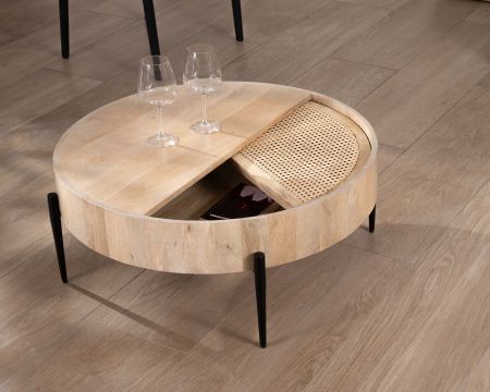 Mesa de centro redonda con tablero giratorio de mimbre «Loopie», de 80 cm de diámetro
