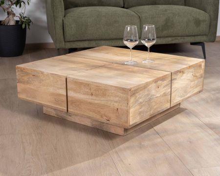 Mesa de centro cuadrada de estilo contemporáneo en madera maciza natural «Pablo»