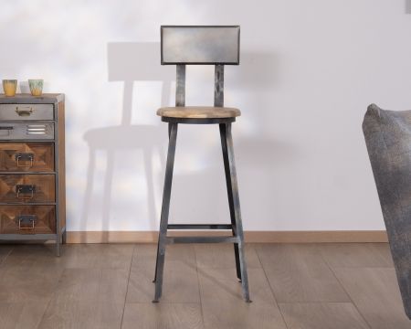 Silla de bar de metal gris antiguo y madera «Atelier grey», altura 110 cm