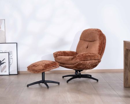 Sillón de relajación con puf de tela suave color terracota «Branson», giratorio 360°