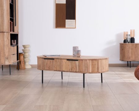 Mesa de salón ovalada de diseño «newtro» con un gran cajón que la atraviesa «Bopee»