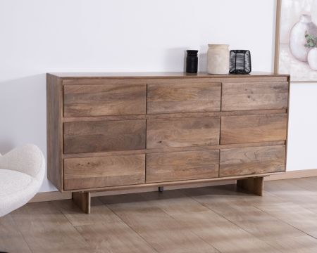 Cómoda de 9 cajones de madera maciza de mango «Geta», estilo Japandi