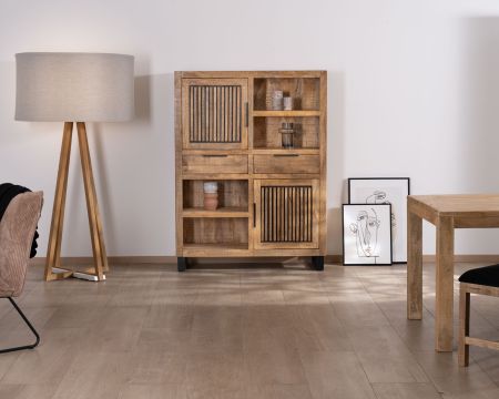 Caja de dinero de madera de mango con patas de metal «Manoha», con puertas con motivo estriado reversible
