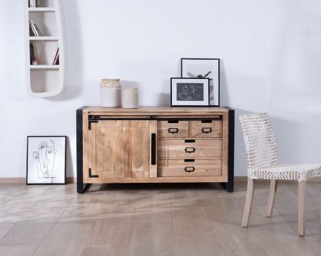 Aparador bajo de estilo industrial en madera de acacia natural y metal «Montréal»
