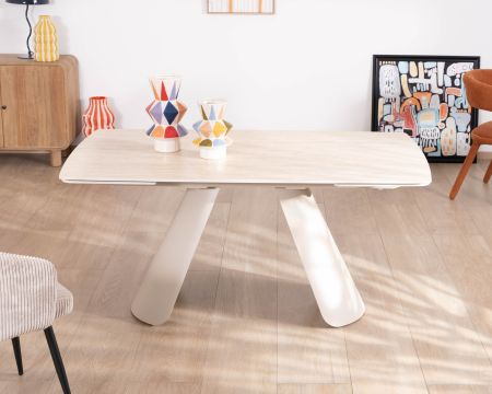 Mesa extensible de 160 a 240 cm, estilo retro chic «Amarello», de piedra sinterizada y metal color champán