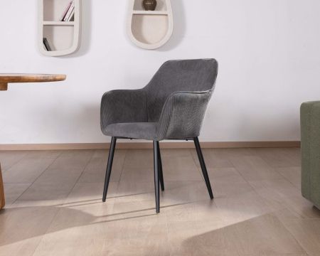 Silla de comedor contemporánea de terciopelo gris oscuro «Scotty», con reposabrazos y patas de metal negro