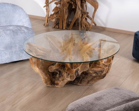 Mesa de salón redonda de 110 cm de raíz de teca maciza con tablero de cristal «Kanoa»