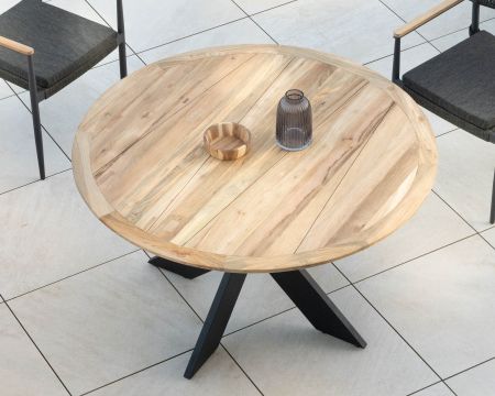 Mesa de jardín redonda de teca con patas cruzadas de aluminio «Ozone», 150 cm