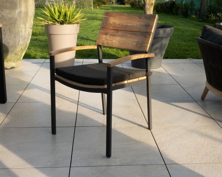 Silla de jardín de alta gama de teca y aluminio «Chair'ming» con cojín de tela gris