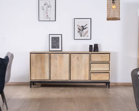 Aparador de líneas sencillas en dos tonos, de madera de mango natural y negro, de 180 cm, modelo «Bocca», con 3 puertas y cajones