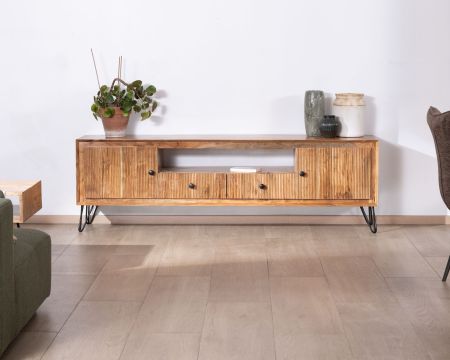 Mueble de televisión grande de 195 cm, de madera de acacia, con frentes en relieve y patas metálicas «Wendy»