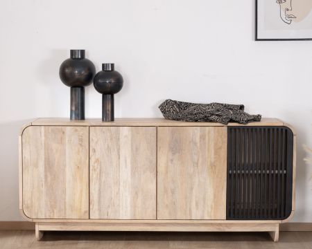 Aparador de 180 cm de madera de mango con diseño minimalista «Jappy» de estilo japandi, de 4 puertas
