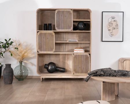 Librería de madera de mango de estilo minimalista «Jappy» con puertas correderas caladas
